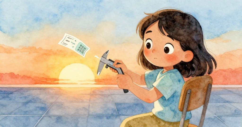 露娜靜靜回到藍灰色椅上,輕拭卡尺水滴,目送票紙在夕陽映照下飄落,心情平靜滿足