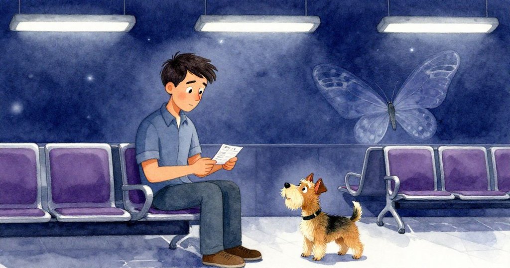 布拉姆在現代候診室舉票,小狗側耳聆聽,燈光昏冷,海報展示毛蟲到蝴蝶轉變,情節剛開始展開