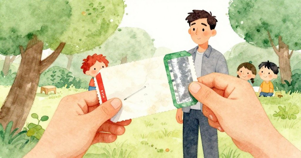 從背後看布拉姆細讀票根,手上展現著淡去字跡與鉛筆劃線,情緒專注且充滿好奇