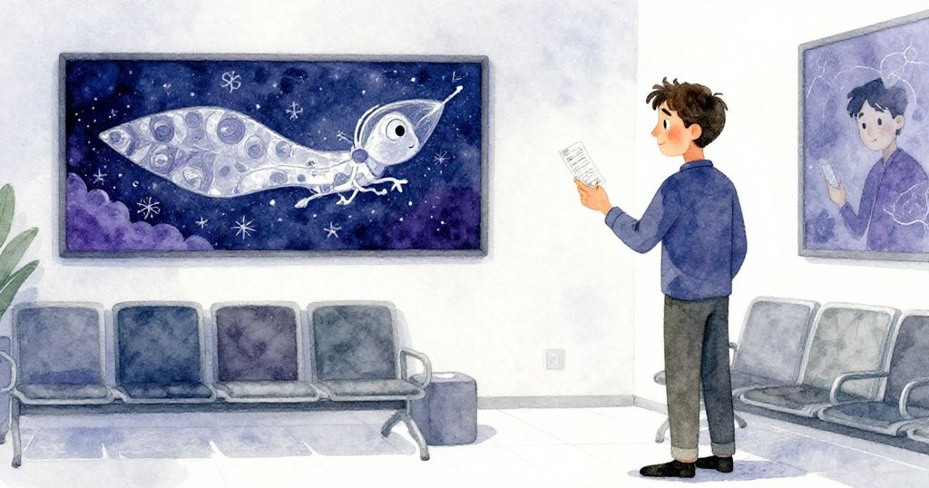 布拉姆在候診室回憶中凝視海報和票根上的鉛筆符號,情感溫柔而回味,舊時線索交織今刻