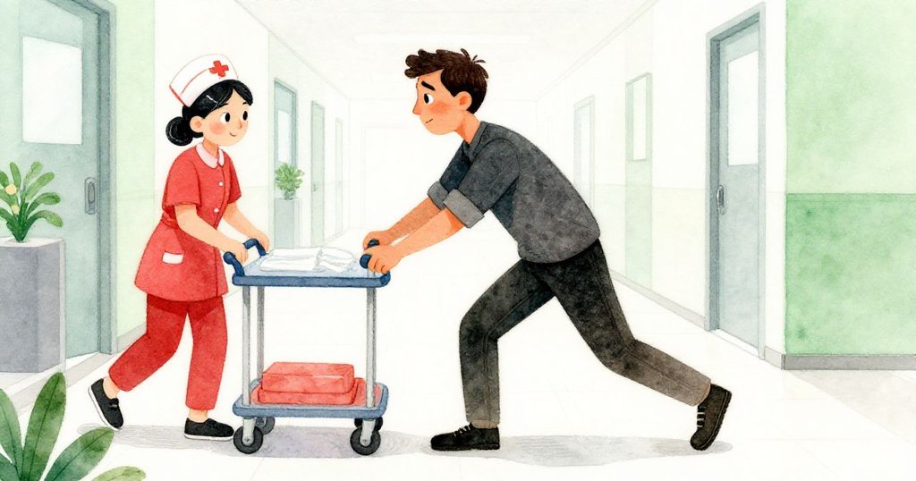 布拉姆面對護士車阻路,表情堅定卻略顯沮喪,情節進入緊張挑戰時刻