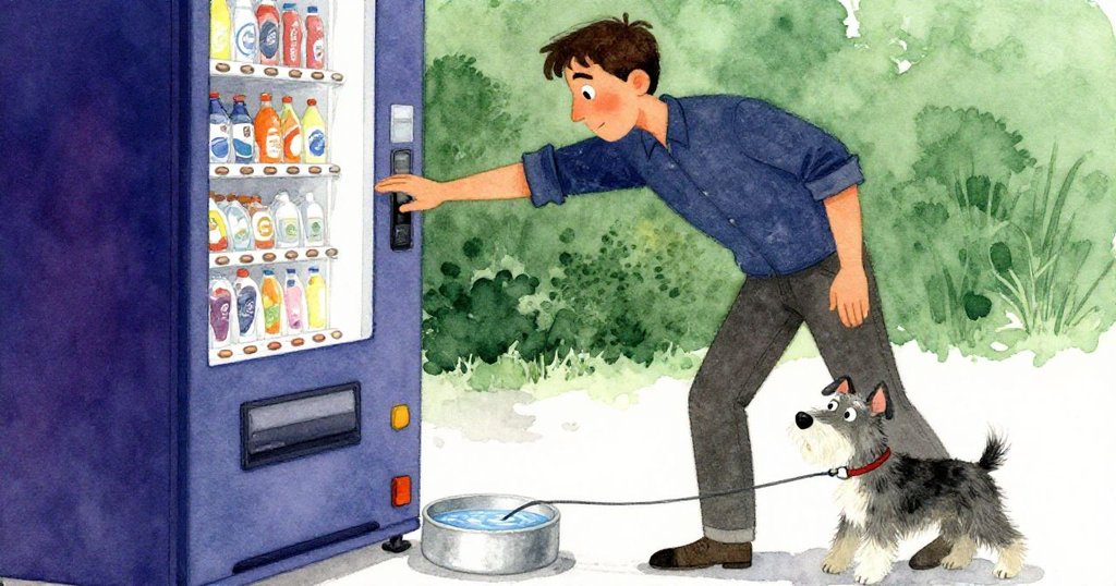 布拉姆專注於自動販賣機旁的表格堆,小狗在水碗邊嬉戲,情感從低谷走向新方向,象徵性解決