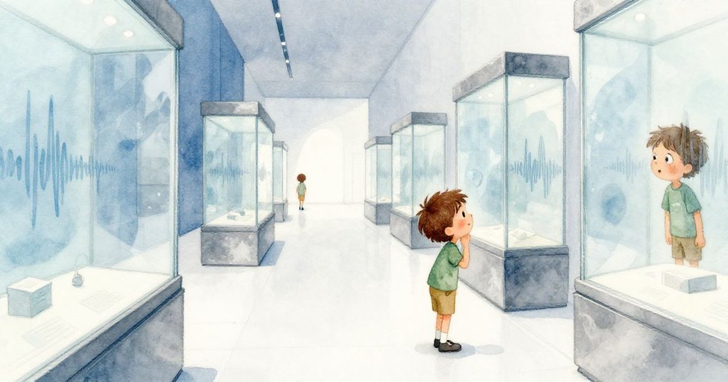 班恩站在走廊裡注視玻璃反射，手觸冷冽儲物櫃，神情好奇，環境中回響著鈴聲，故事開端充滿神秘感。