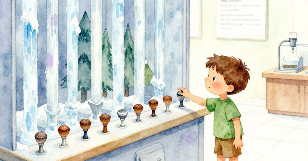 班恩在科學展廳內輕觸水器木扣，與靜默管道形成強烈對比，其面帶驚奇，環境呈現冰藍與翠綠融合之美。