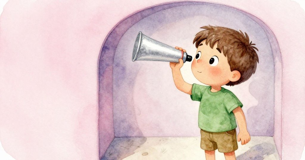 班恩於角落仔細舉起海報管聆聽微弱聲響，特寫呈現對神秘音符的探索與柔和粉紫細節。