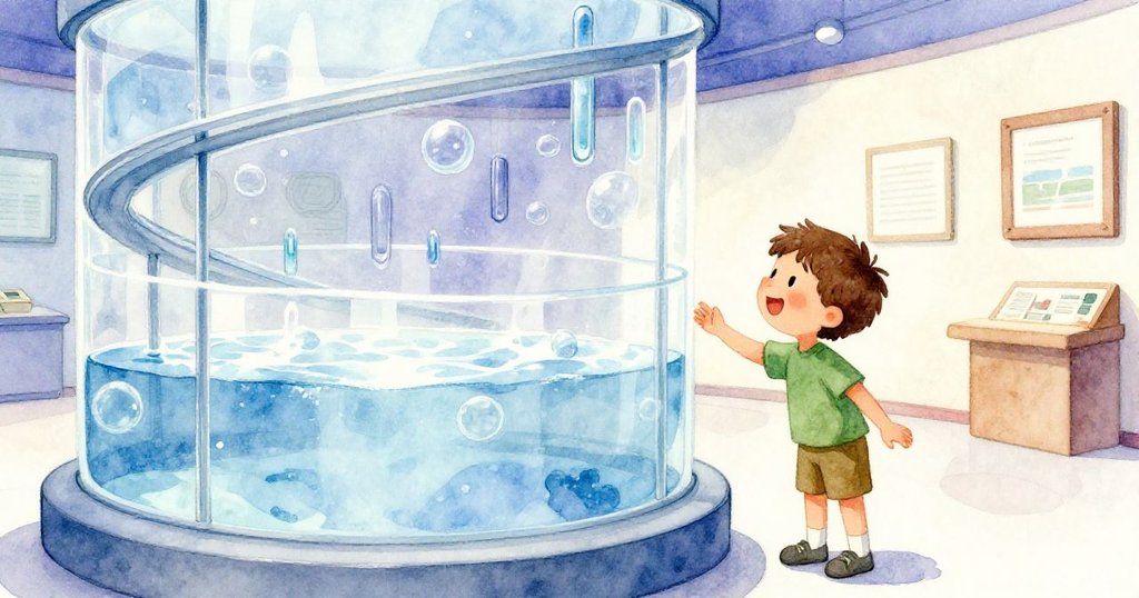 班恩在互動展示區前觀察充滿彩泡的玻璃裝置，微笑流露驚喜，燈光溫和，場景呈冰藍與雪白氛圍。