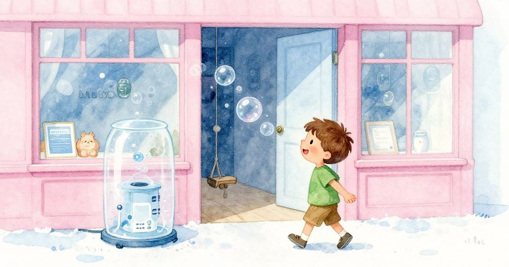 班恩滿懷喜悅走向禮品店入口，背景玻璃氣泡持續輕彈，緩慢關閉的門營造溫馨含糊結局。