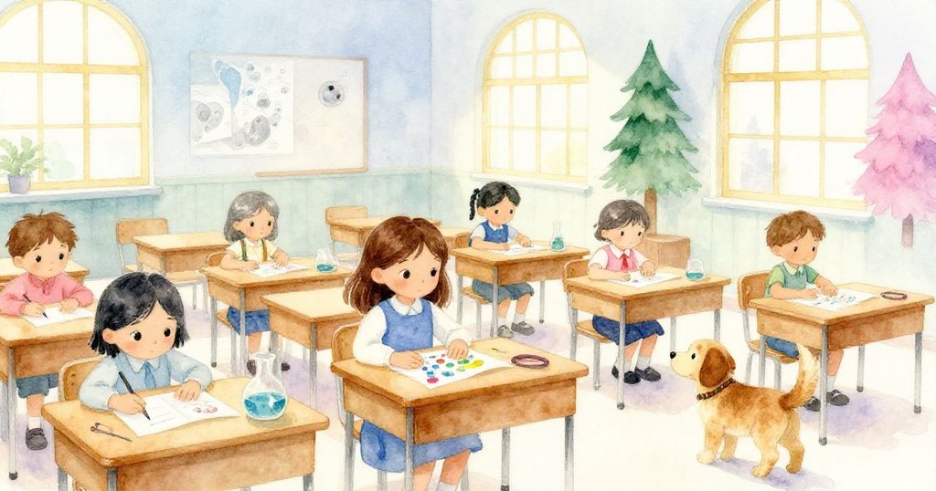 Vera 在充滿暖光的教室中整理海報，Patch 從走廊進入，背景中展示著排列整齊的桌椅和明亮的窗戶，氣氛充滿活力與期待。