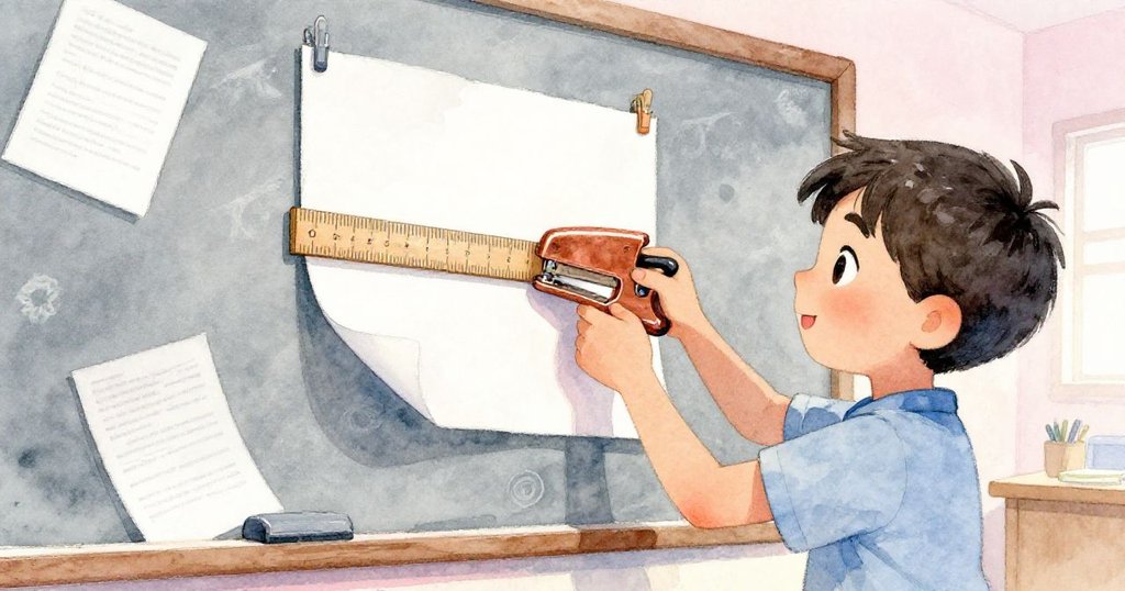 Ben 從桌椅間走出以低角度呈現，他手持銅色訂書機並穩妥地放置木尺，臉上表露出專注和解決問題的決心。