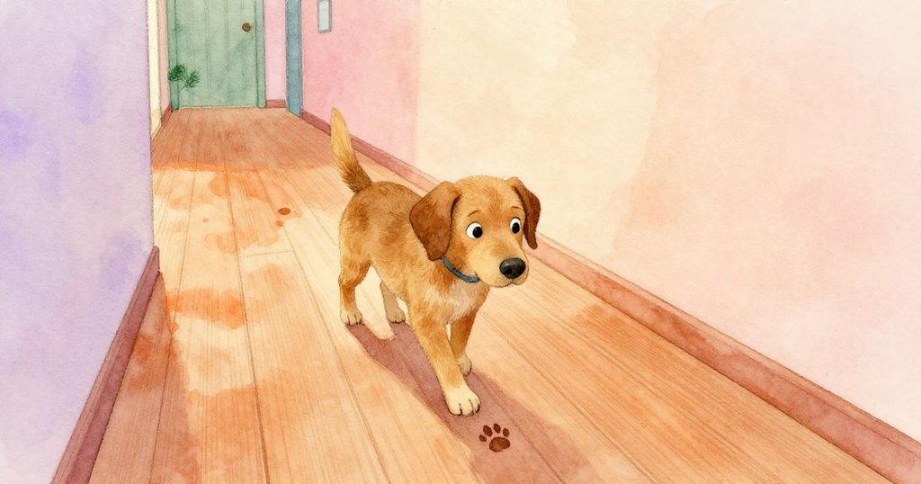 在寧靜的走廊裡，Patch 輕快地行走在打蠟的地板上，留下細小的足跡，環境中散發著柔和的銅色燈光與溫暖色調。