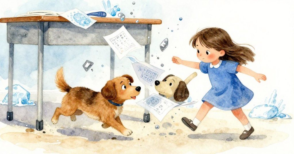 在活力四射的教室中，Patch 歡快奔跑撞到 Vera，海報和紙張隨風亂飛，現場充斥著動感與輕微混亂。