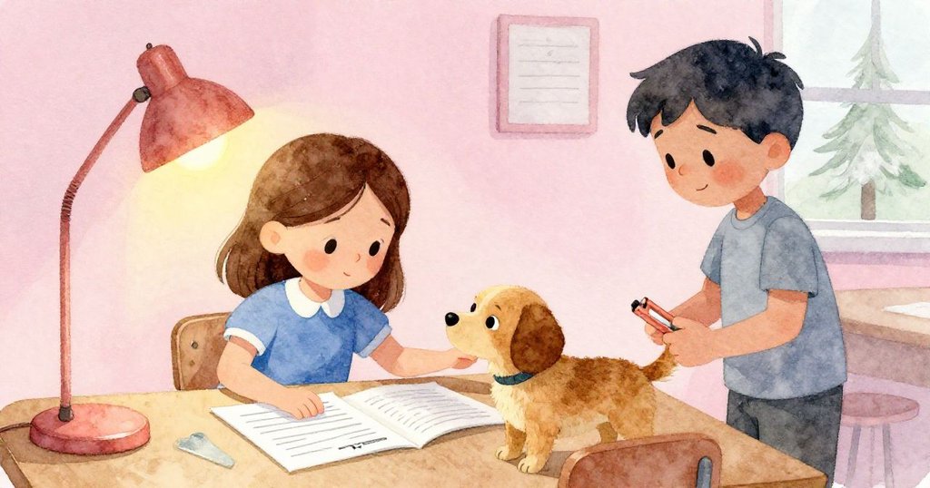 課後的教室中，Vera 輕撫 Patch 表示感謝並整理散落的講義，Ben 在一旁靜靜守候，畫面充滿溫馨與寧靜。