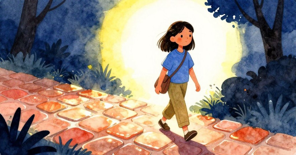 維加走在陽光灑落的潔淨步道上，背光勾勒出她矯健的身影，臉上流露著期待與喜悅，展開冒險序章。