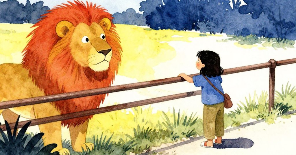 維加伸手輕觸粗糙銅欄杆，周遭空白襯托紋理細節，背景隱約呈現獅子區，神情專注而好奇。