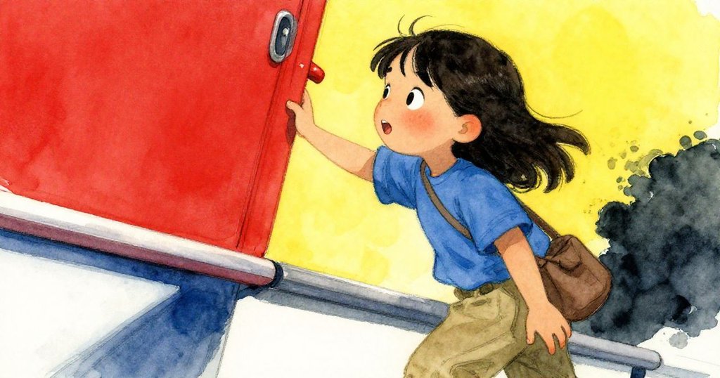 維加與一小孩一起輕敲欄杆，她模仿節奏，臉上流露驚奇與好奇，近距離捕捉探索初期瞬間。