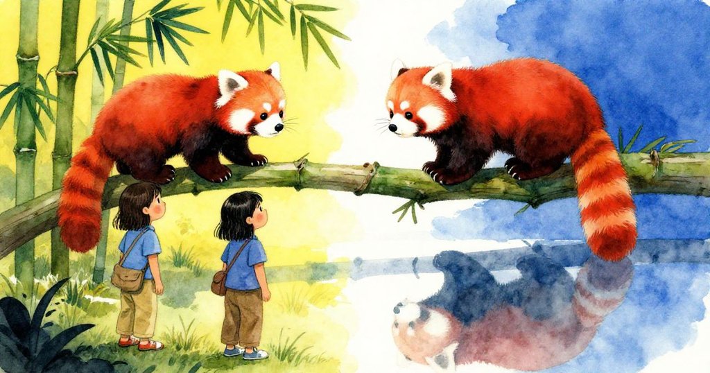 維加凝視紅熊貓攀爬樹枝，畫面分雙重現實，竹林空曠中透出神秘夢幻感，心中充滿驚奇。