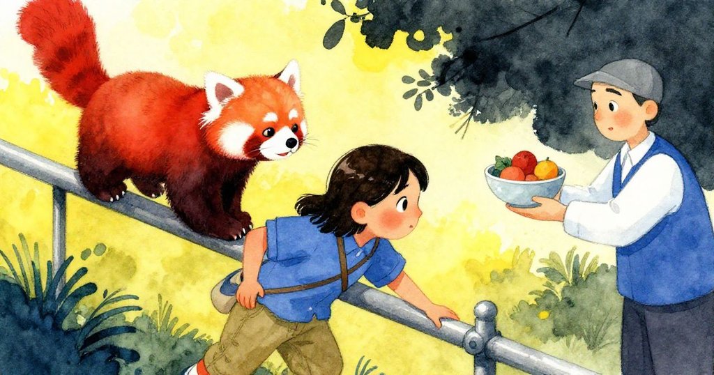 維加專注向前傾身觸碰冰涼欄杆，紅熊貓與管理員同框定格瞬間，神情中充滿緊張與期待。