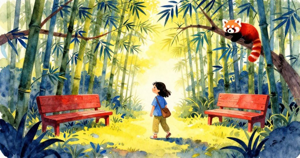 廣闊竹園中，維加如小探險家般靜觀紅熊貓與古舊細節，夕陽柔光中蘊含豐富回憶與溫暖結局。