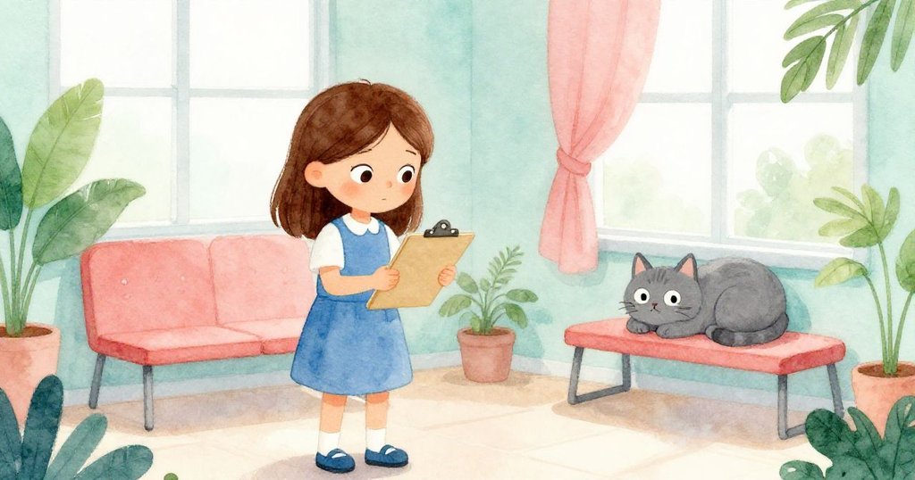 六月在明亮候診室中伸手拿板子,灰色小貓靜靜臥窗邊,晨霧輕拂,場景柔和且充滿希望。