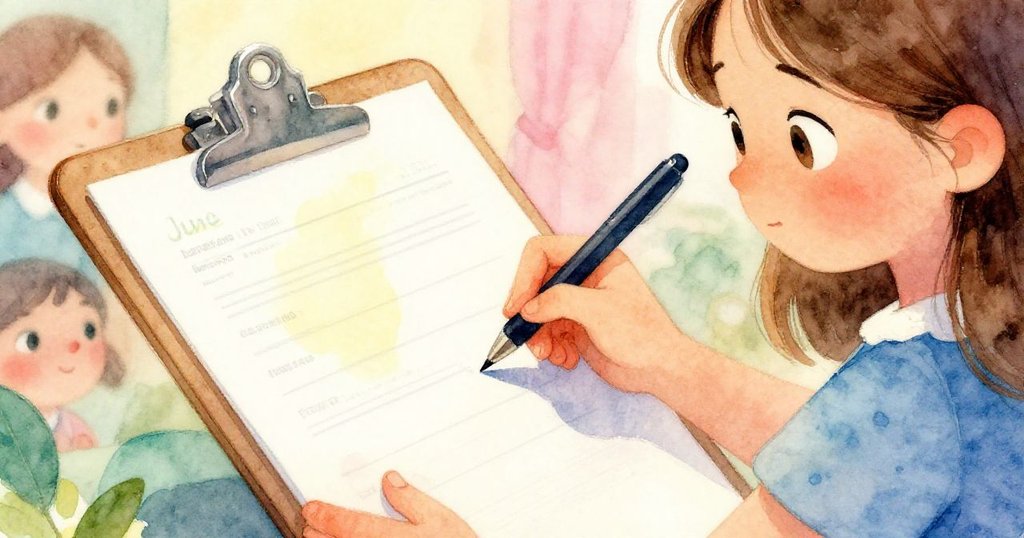 六月專注檢視板子與筆觸,精細刻畫板面反光與書寫痕跡,場景充滿神秘與細膩質感。