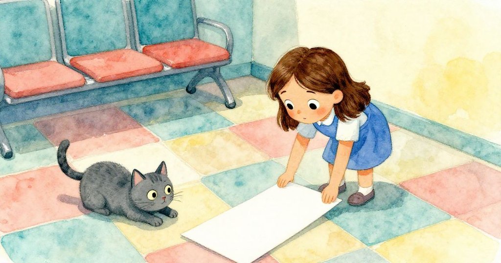 六月彎腰撿回滑落表格,地板光影錯落,灰貓於陰影中好奇凝視,氛圍既詭異又生動。