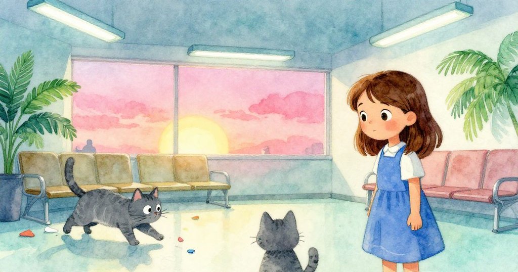 燈光忽明忽暗間,六月注視著灰貓急奔於座椅下,文件散飛似紙旋風,營造出戲劇性光影效果。