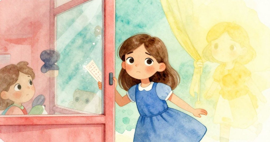 六月小心前行朝向玻璃牆,手中票據在光影中閃爍,其臉上充滿堅定與希望,環境精緻現代。