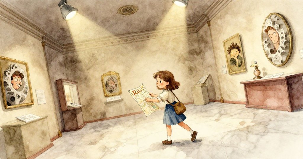 Ruby走入展示廳，傾斜構圖下，她從包中取出地圖，背景展示鞋油痕跡與燈光下的化石剪影，神情專注。