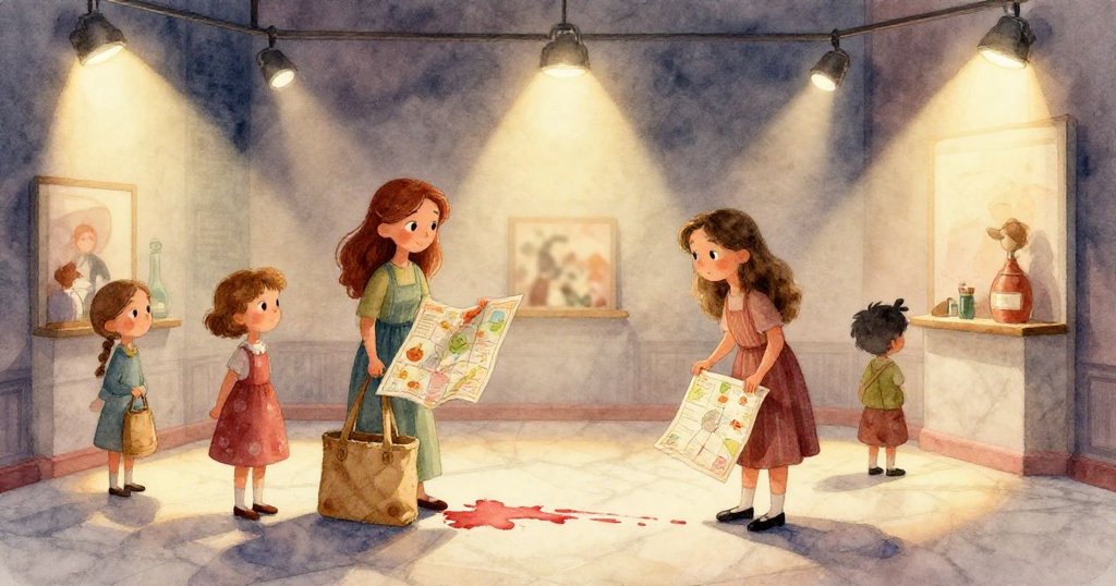 Ruby的手細緻展開地圖，露出博物館細節圖樣，同時輕握果袋，營造出溫柔探索氛圍。