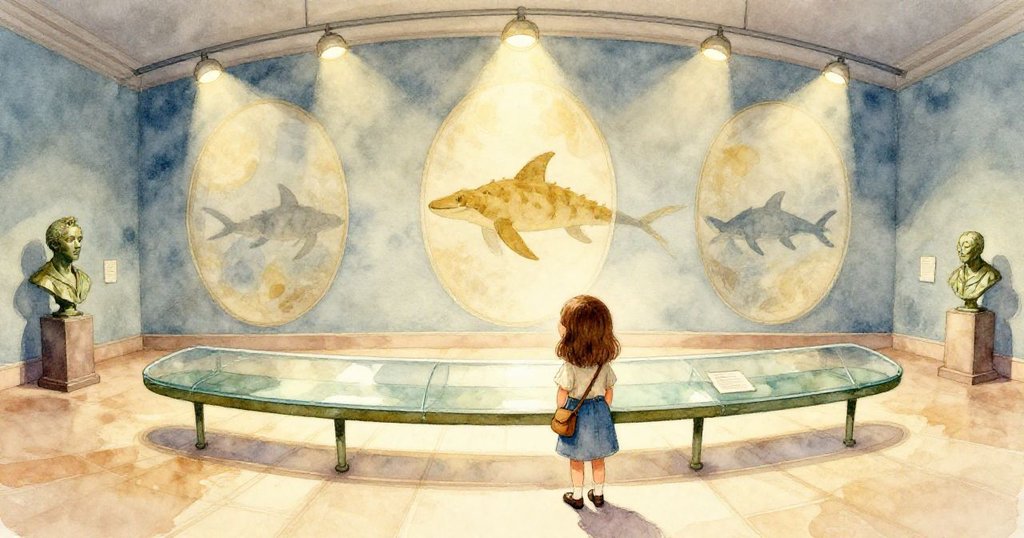 在扭曲視角下，Ruby仔細觀察展廳內玻璃長椅和青銅胸像，燈光投下化石剪影，呈現奇幻效果。