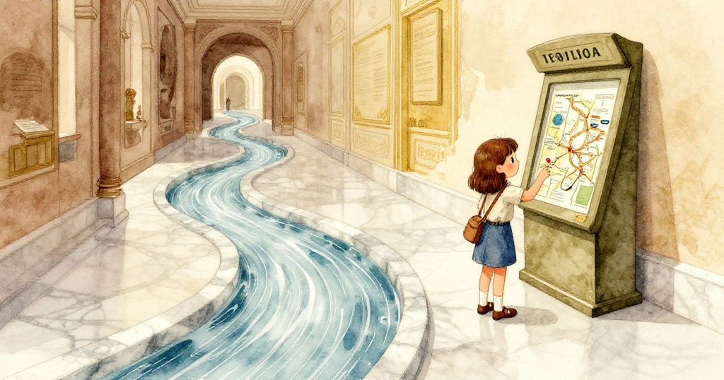 在超現實空間中，Ruby操作地圖引發明亮液流沿大理石地面蜿蜒，流向互動資訊站，空間幾何奇異。