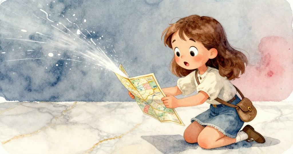 驚訝中的Ruby跪下，專注地用地圖扇起液流，表情緊張與決心，捕捉瞬間轉機。