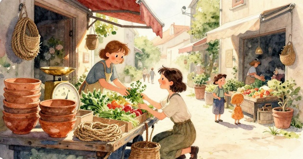 橙子從攤位滾落至燈柱旁，穀粒閃光映日，貓咪躍起追逐，場景充滿生動動感與趣味。