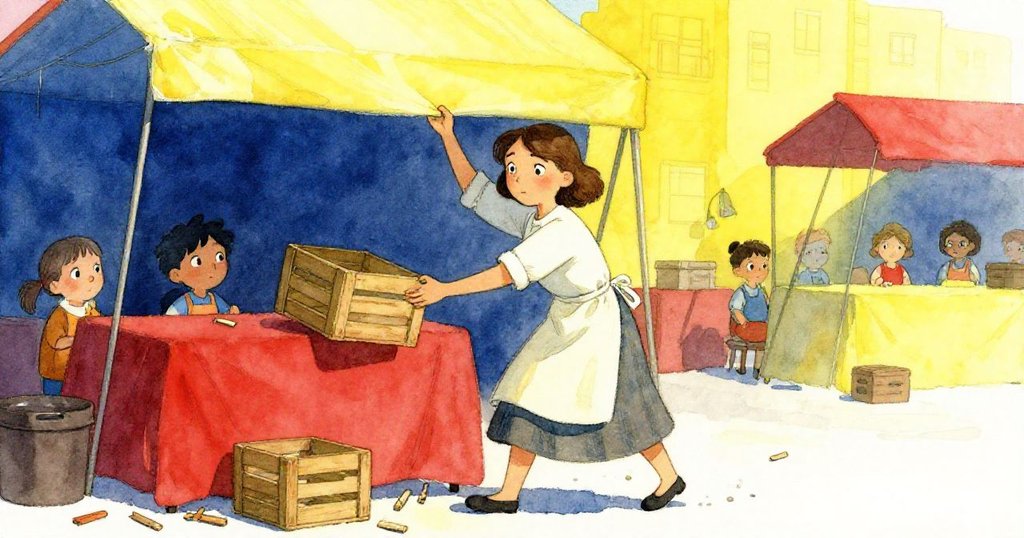 Mae忙於調整鬆脫的市集帳篷，移動長箱穩固飄動布料，木釘散落現場急促情景，神情專注堅定。