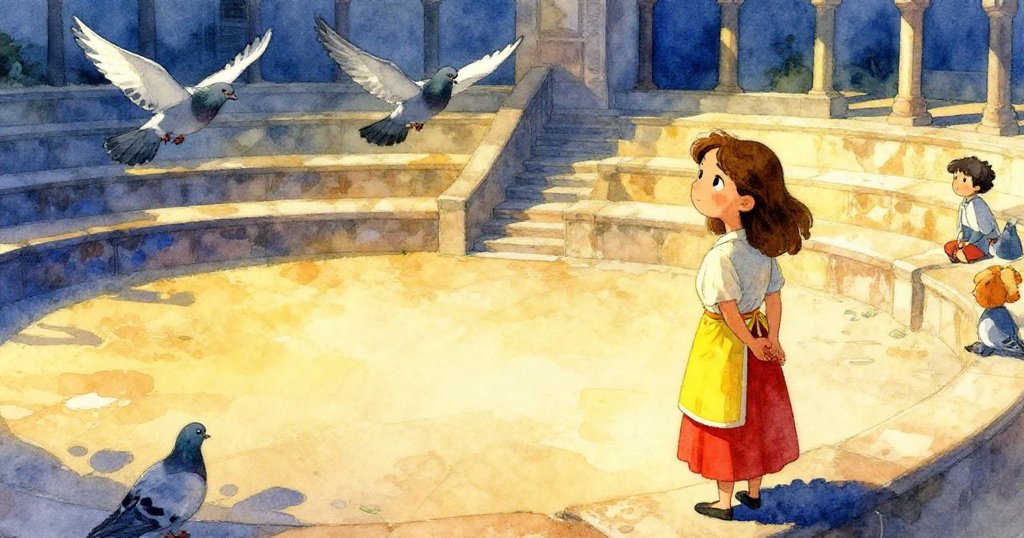 柔和光線中，鴿子悠然飛去，Mae站在露天劇場庭院注視著飄落影子，心情沉靜而充滿反思。