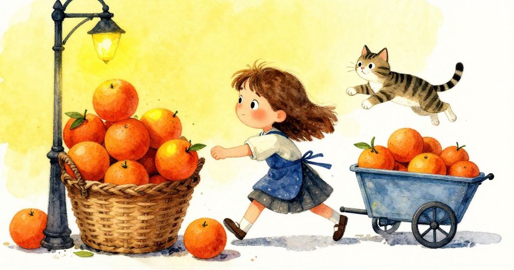 市集熱鬧中，橙子滾動撞擊燈柱，貓咪躍起追逐，攤位輕微搖晃，動作生動充滿活力。