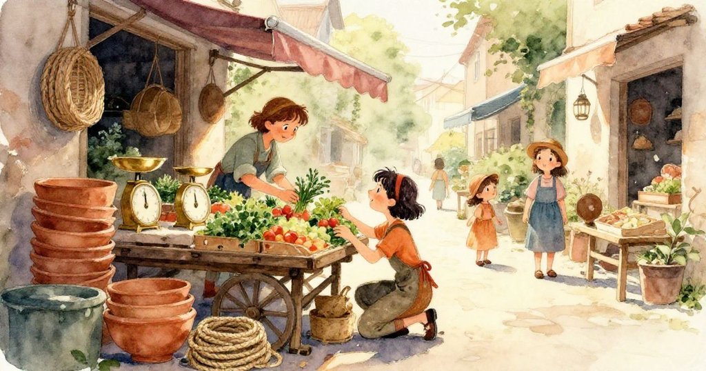 暮色中，破損橙子緩轉於燈柱旁，空蕩市集巷弄中微風吹拂，氛圍靜謐且充滿感慨。