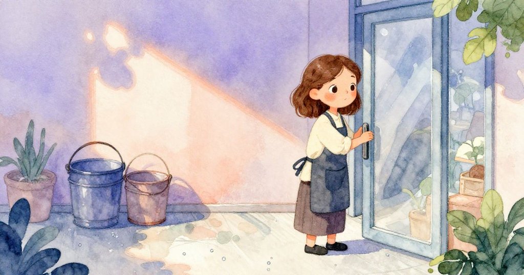 格蕾塔在柔和光線照耀下,輕輕推開玻璃門,背景是滴水的金屬地面與靜默排列的桶,展現平靜決心。