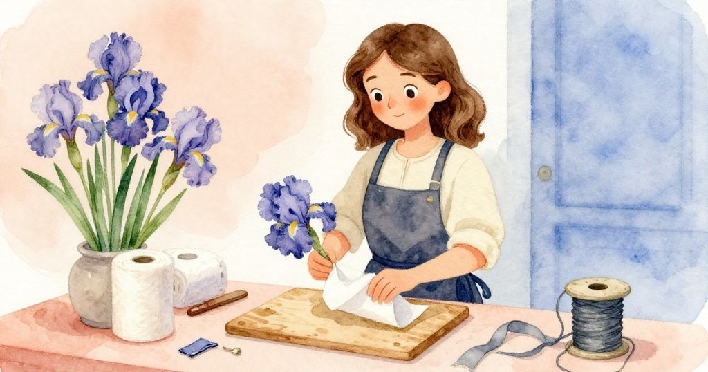 格蕾塔在包裝站前忙碌,背景呈現層次分明的桶、舊切板和粗糙面紙,彰顯細膩溫暖的氛圍。