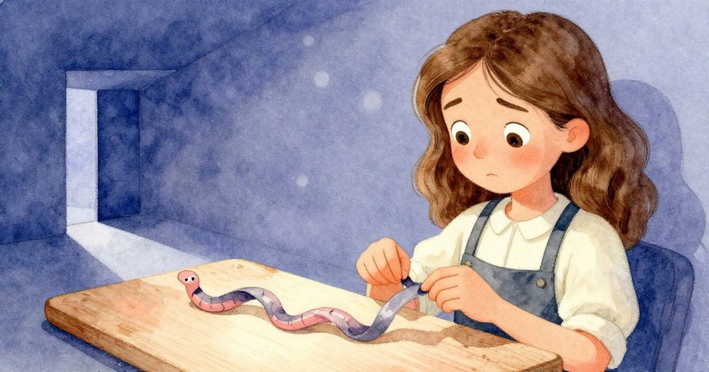 格蕾塔專注地捏住蜿蜒的灰色絲帶,絲帶如懶蟲般橫跨切板,營造出超現實的緊張與奇異美感。