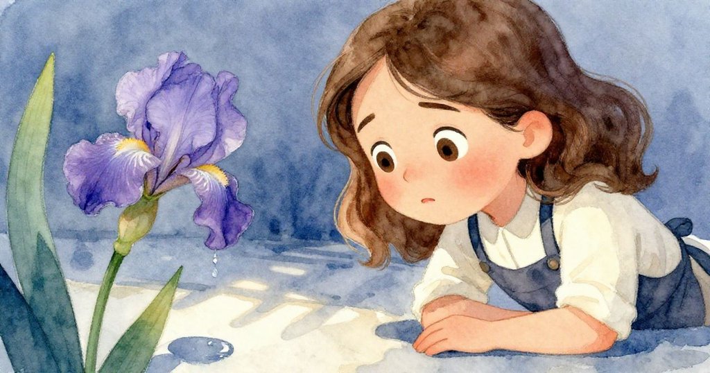 格蕾塔凝神注視著從鳶尾花莖上滴落的小水滴,她的表情混合了專注與輕微的憂慮,瞬間凝固著工作的高潮。