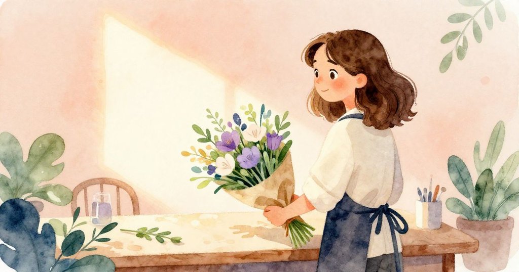 格蕾塔滿懷決心整理完花束,背景明亮的工作室映出整齊的包裝,她轉身眺望前方,迎來全新開始。