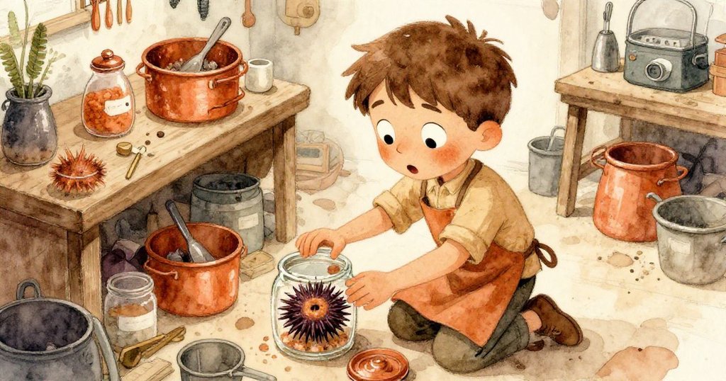 艾米爾蹲在工作台旁清理灰塵，高角度展現工作間雜亂背景，意外發現裝海膽的小罐子，神情驚奇。