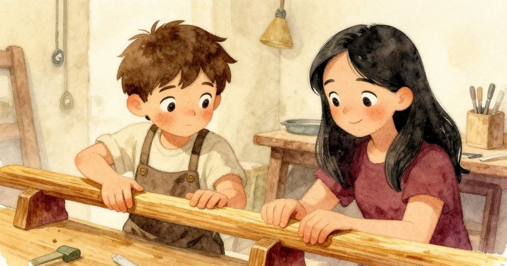 蘇姬走進明亮車間，與艾米爾合作推動木條，雙手齊心修整木材，氛圍溫暖充滿團結感。