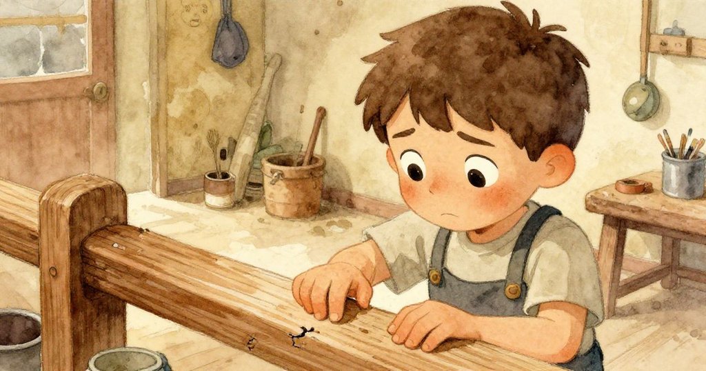 艾米爾細看帶裂痕的木條，特寫展現他輕觸木紋的手勢，神情流露內心矛盾與關懷。