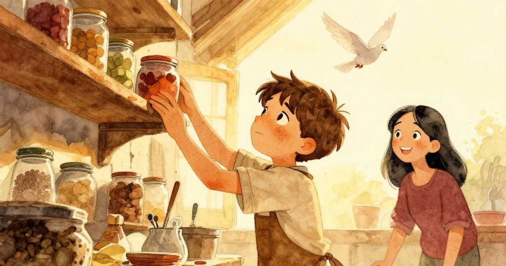 艾米爾在陽光車間將小罐子置於高架上，蘇姬微笑凝望，外頭鴿子振翅飛翔，洋溢成功喜悅。