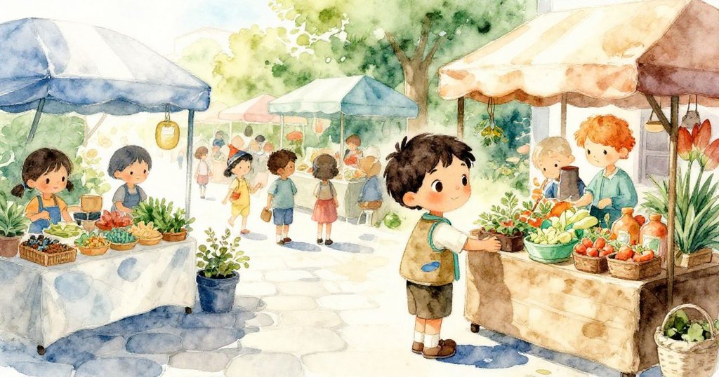 Hugo在熙攘市集中於香草攤旁停步，觀察銀簷舞動與石板街的晨光，神情充滿好奇與期待。