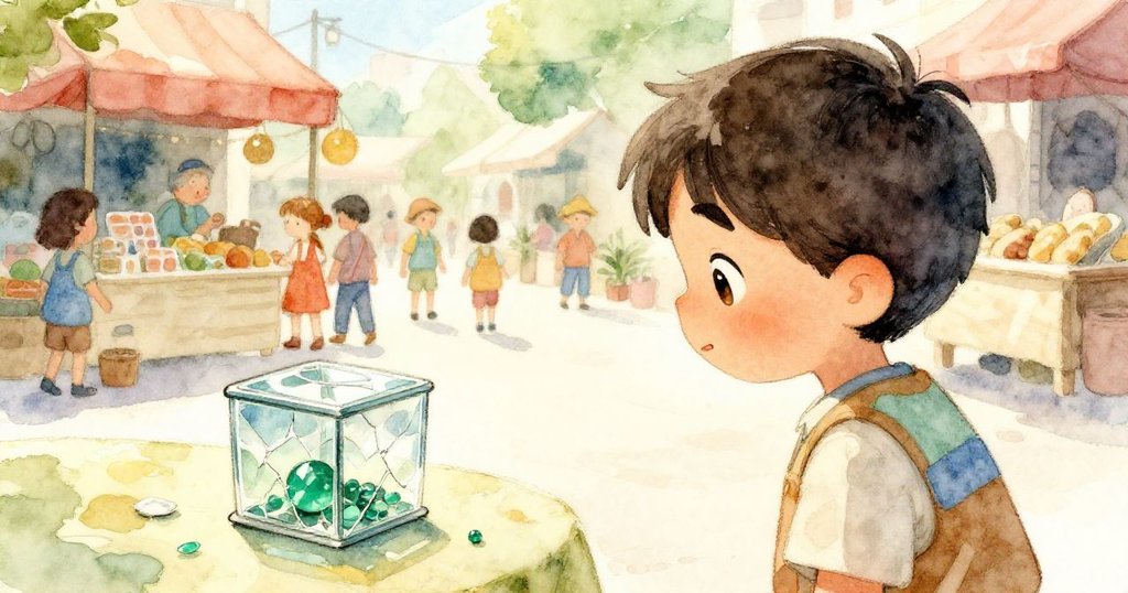 Hugo從背後注視著一顆綠色小珠從破裂盒隙滾落於老舊木板下，背景傳來市集爭吵聲，神情既驚訝又緊張。