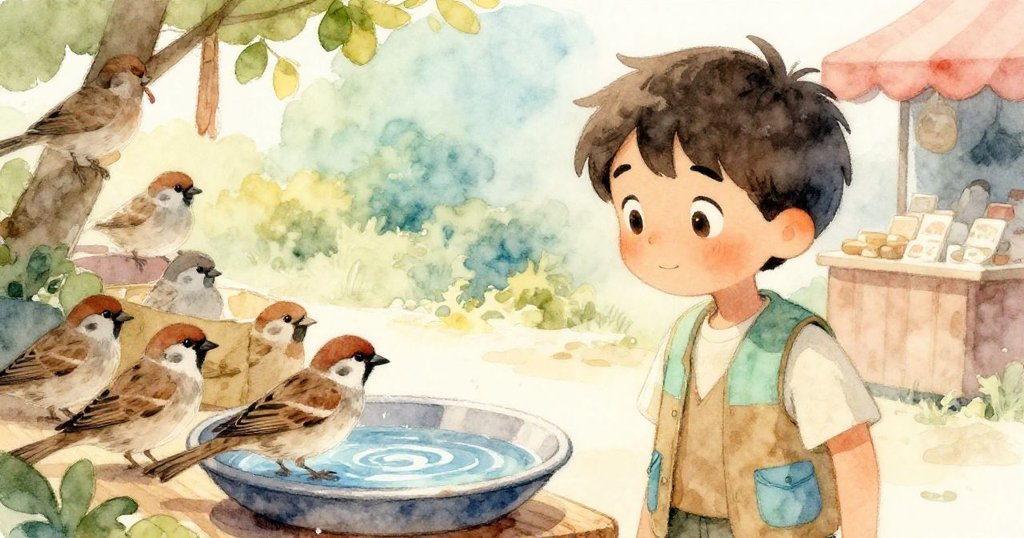 Hugo沉浸於回憶中，望著攤位上反光的水盤，腦海浮現昔日攤販待客溫柔情景，充滿懷舊感。