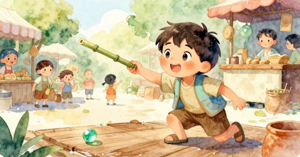 Hugo蹲在濕滑木板上，用竹棍快速指向閃爍反光中的綠珠，動作充滿幹勁與專注，場景充滿活力。